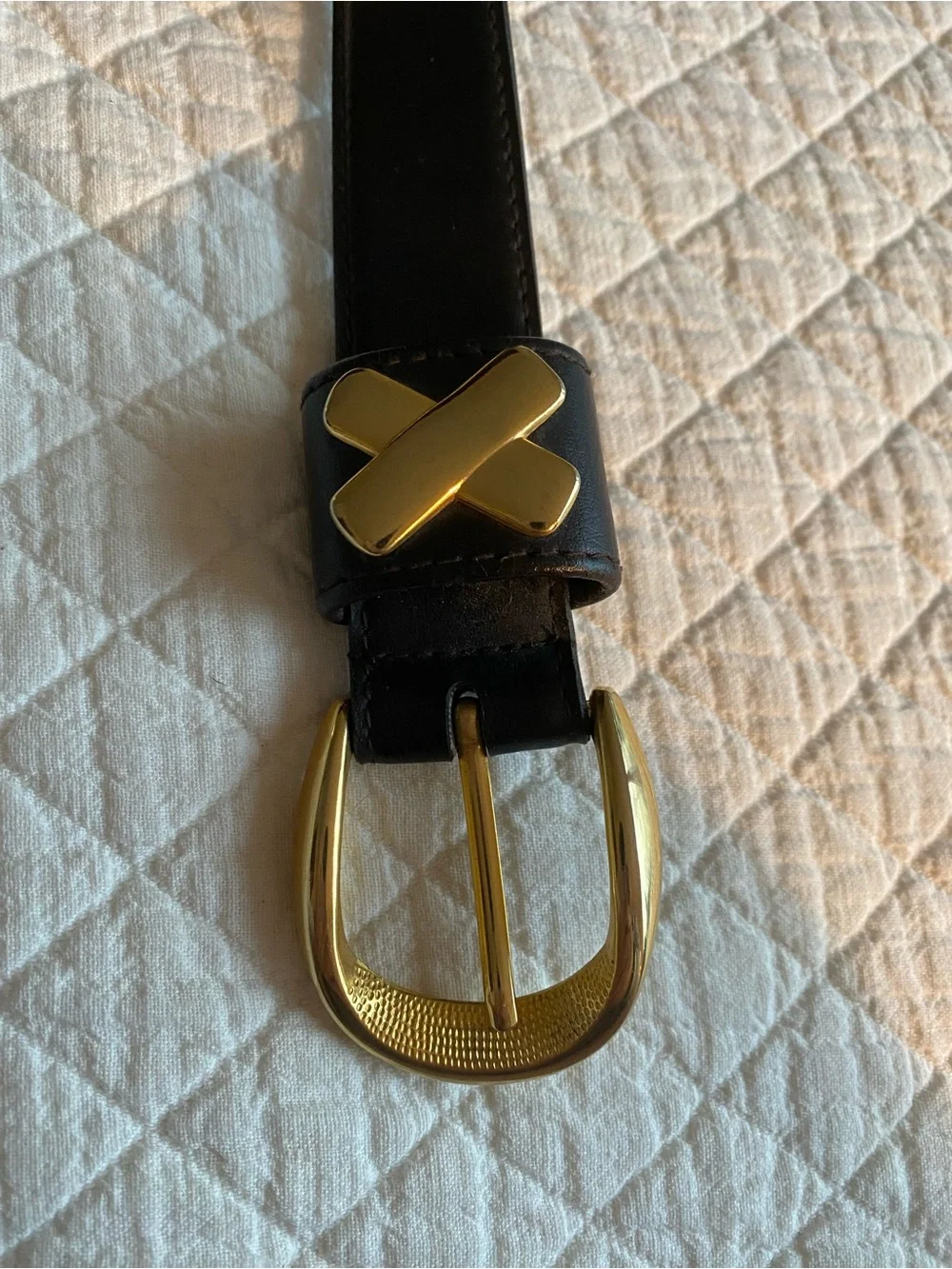 VTG Black Faux Leather Kiss Statement Belt Gold X Stud Accents Rock Punk Medium